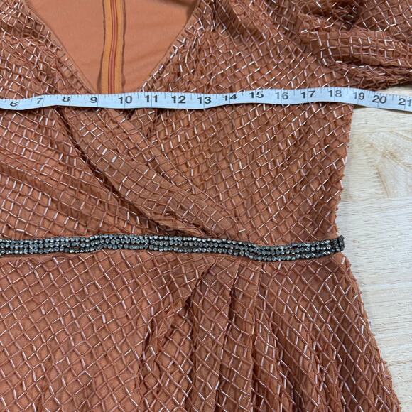 Mac Duggal NWT Copper Beaded Wrap Over Puff Sleeve Dress Rhinestone Waist Sz 10 - Picture 7 of 10